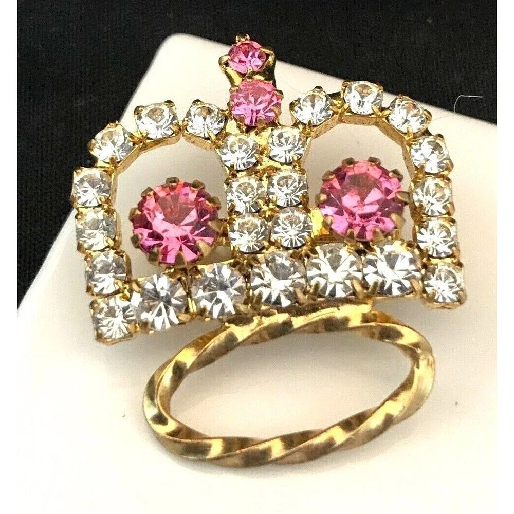 Vintage 1960s Gold Tone Crown Brooch Pink Clear Crystal Pin - 1I